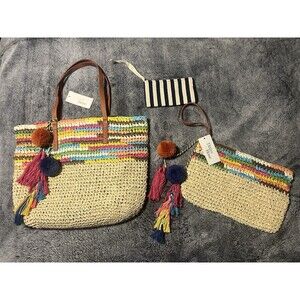 NWT Daisy Rose Summer Beach Tote Vegan Leather Handles Pom Pom Tassels & Clutch